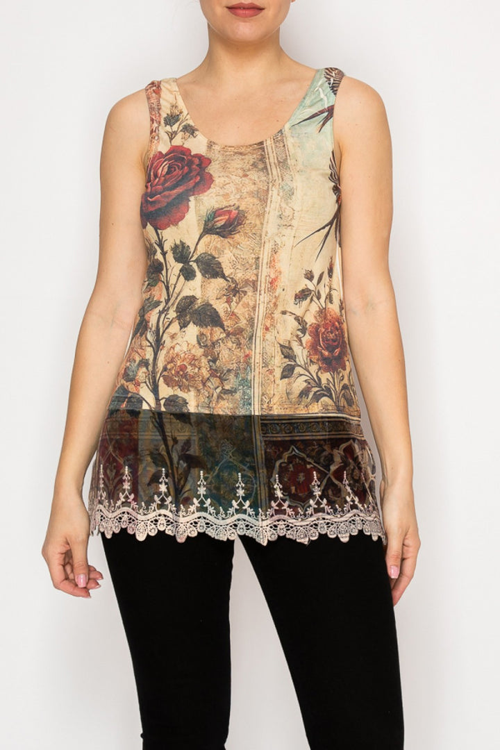 Vintage Bird Tank Top with Lace Trimming