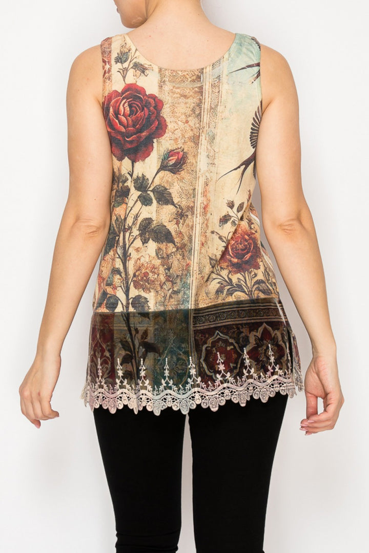 Vintage Bird Tank Top with Lace Trimming