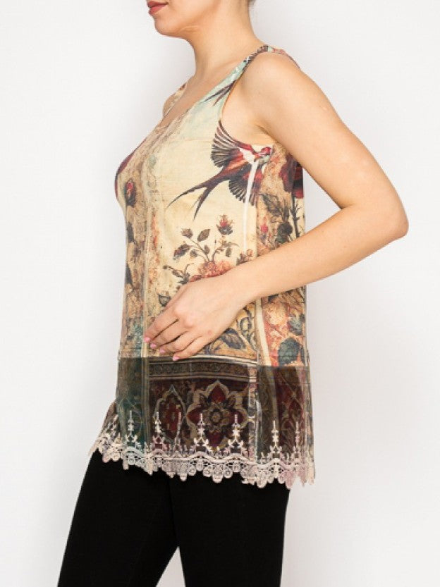 Vintage Bird Tank Top with Lace Trimming