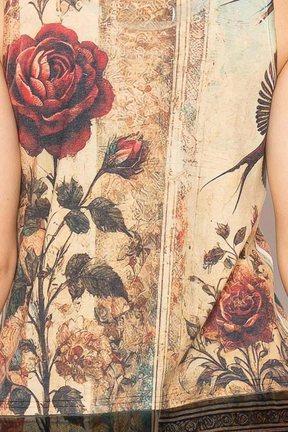Vintage Bird Tank Top with Lace Trimming