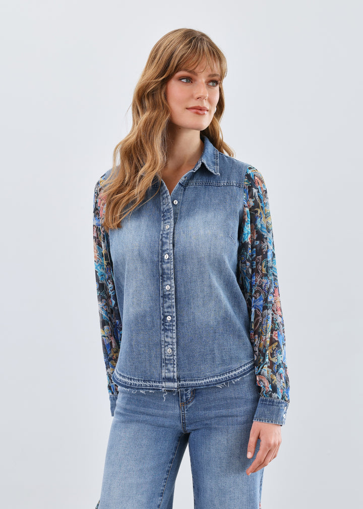 Watercolour Damask Pleated Sleeve Chambray Shirt