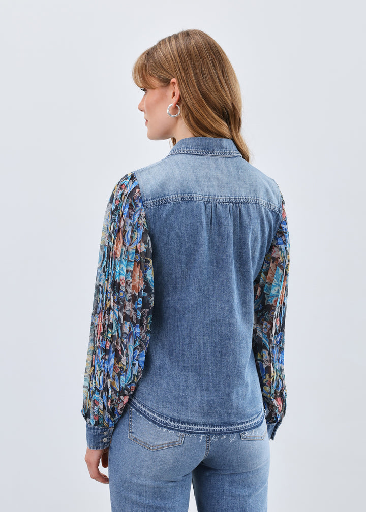 Watercolour Damask Pleated Sleeve Chambray Shirt