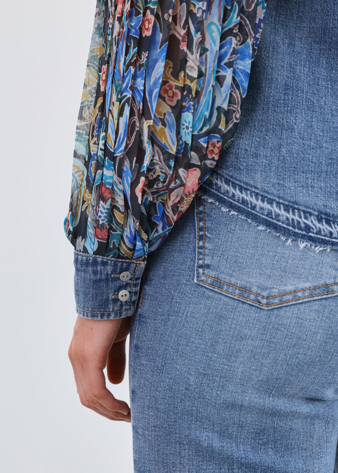 Watercolour Damask Pleated Sleeve Chambray Shirt