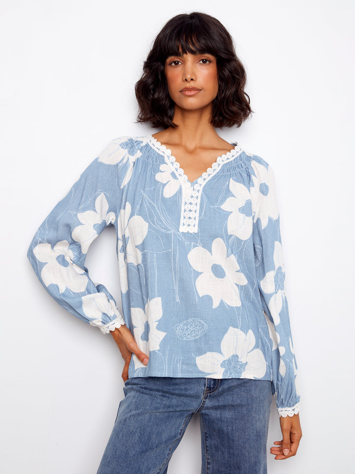 Waterlily Print Long Sleeve Blouse