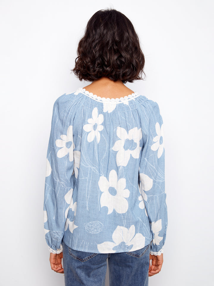 Waterlily Print Long Sleeve Blouse