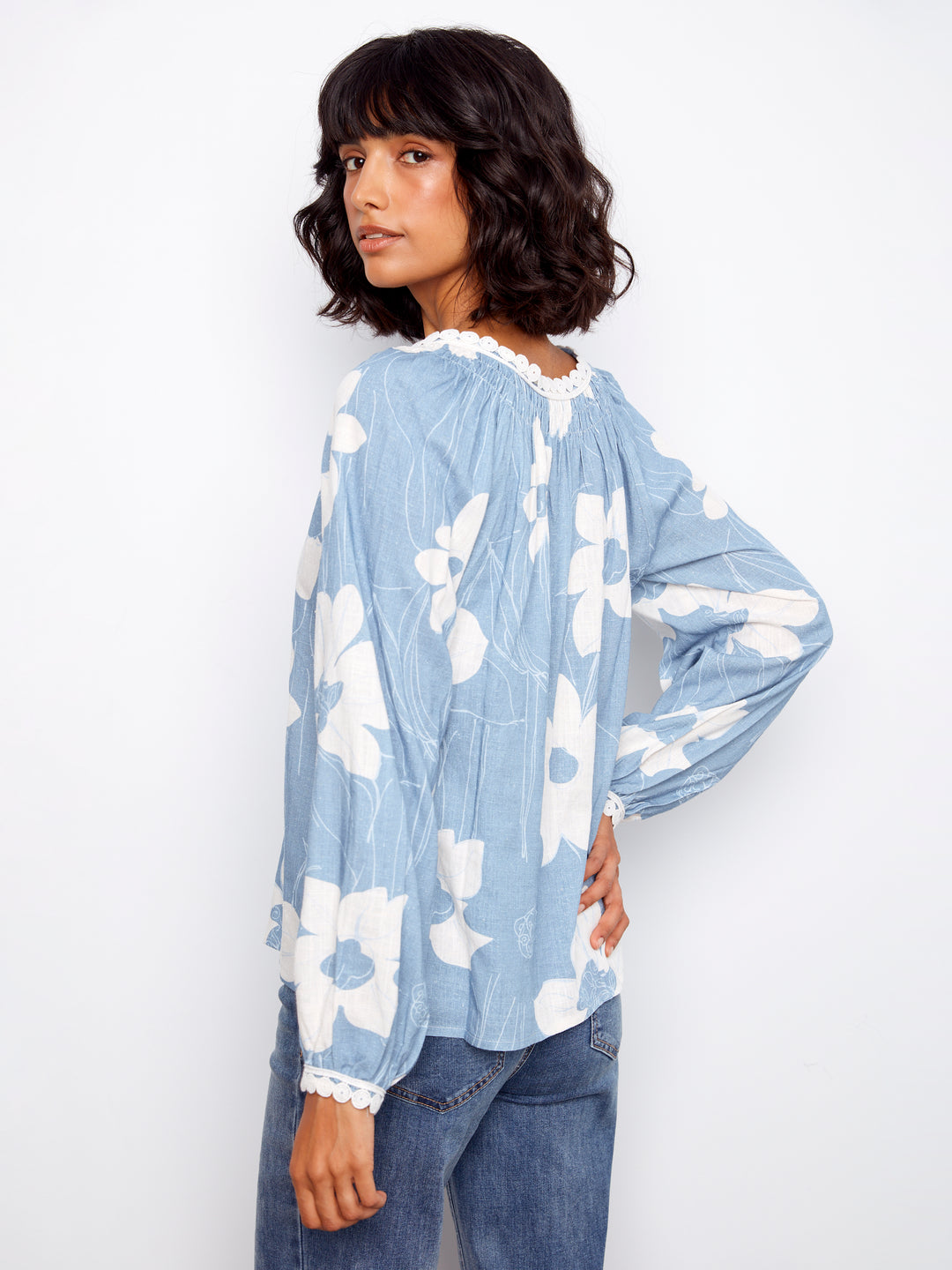 Waterlily Print Long Sleeve Blouse
