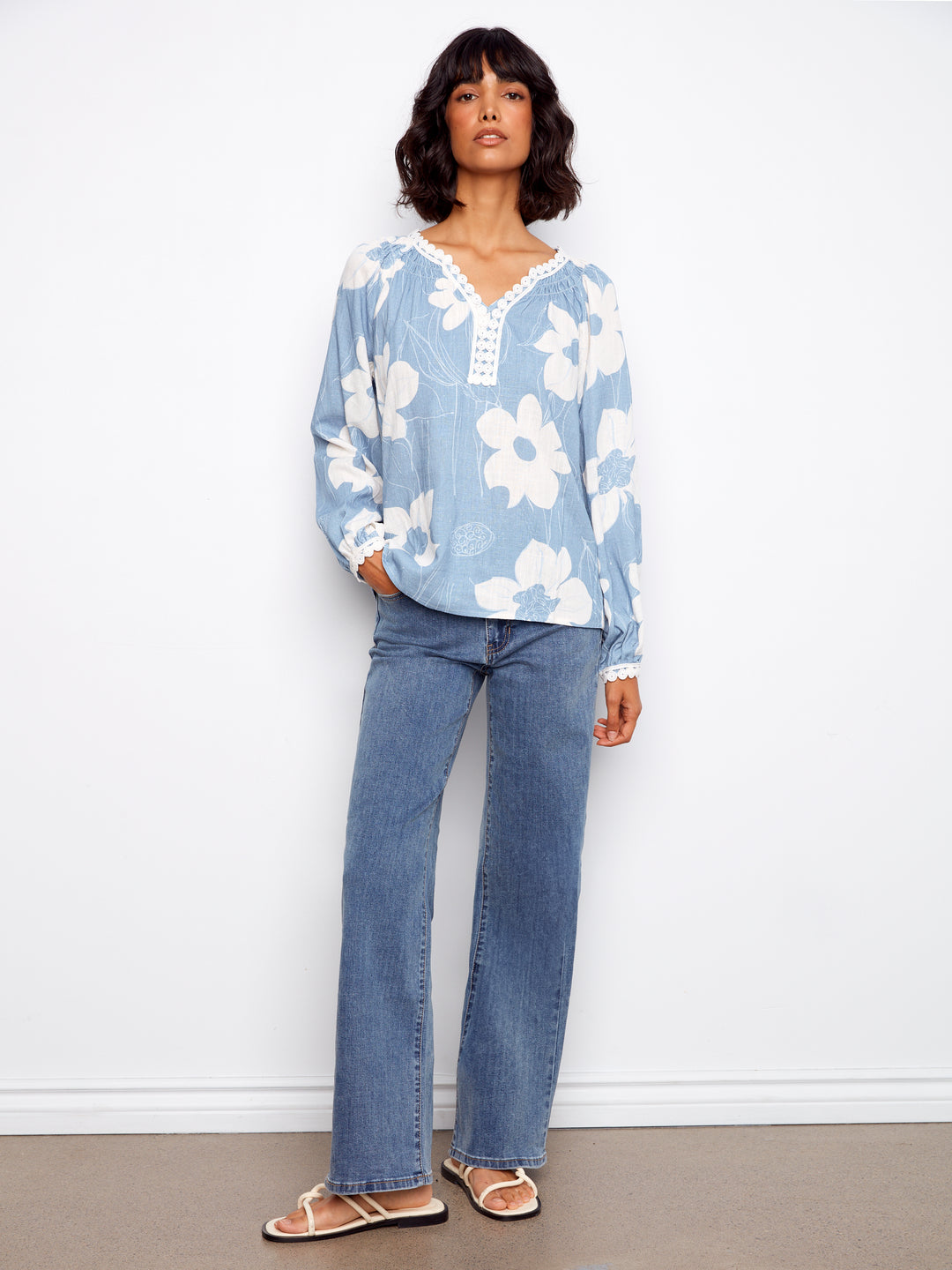 Waterlily Print Long Sleeve Blouse