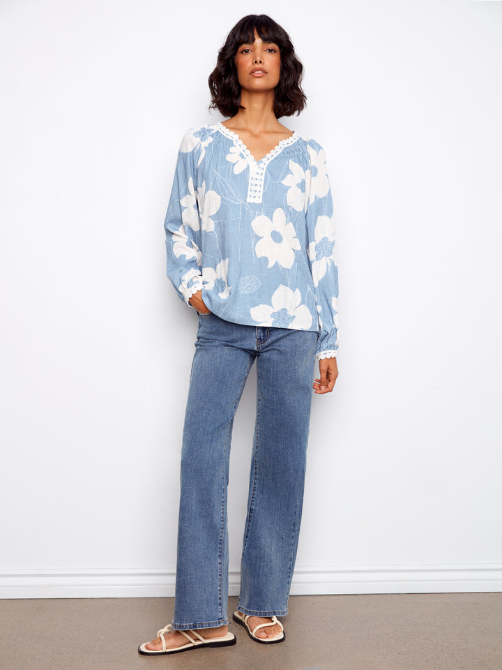 Waterlily Print Long Sleeve Blouse