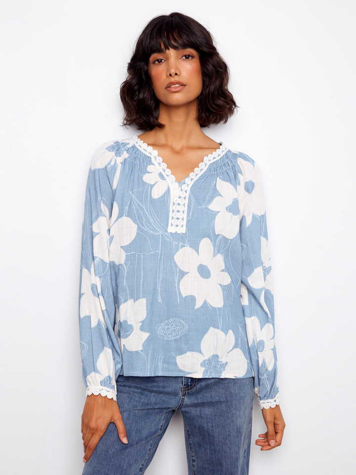 Waterlily Print Long Sleeve Blouse