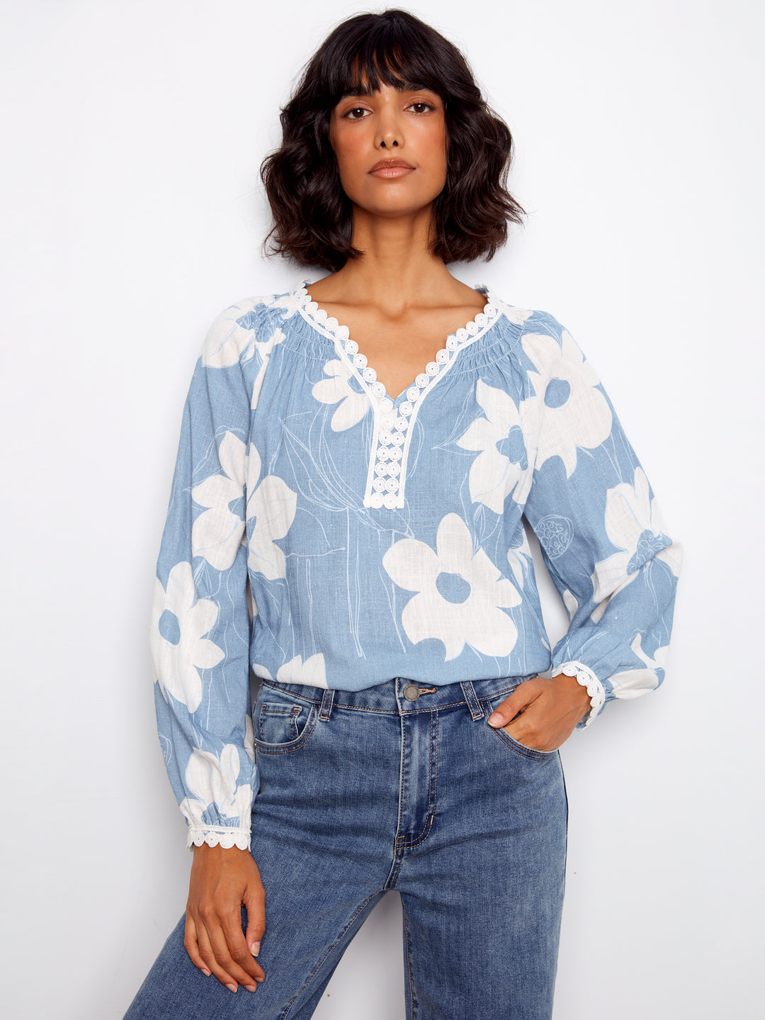 Waterlily Print Long Sleeve Blouse