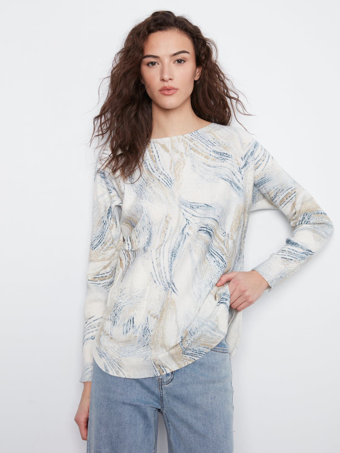 Whirl Print Round Hem Plush Sweater