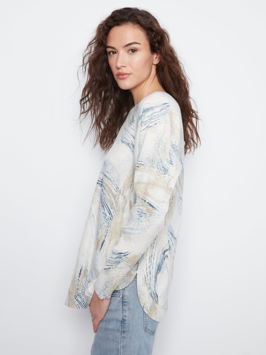 Whirl Print Round Hem Plush Sweater