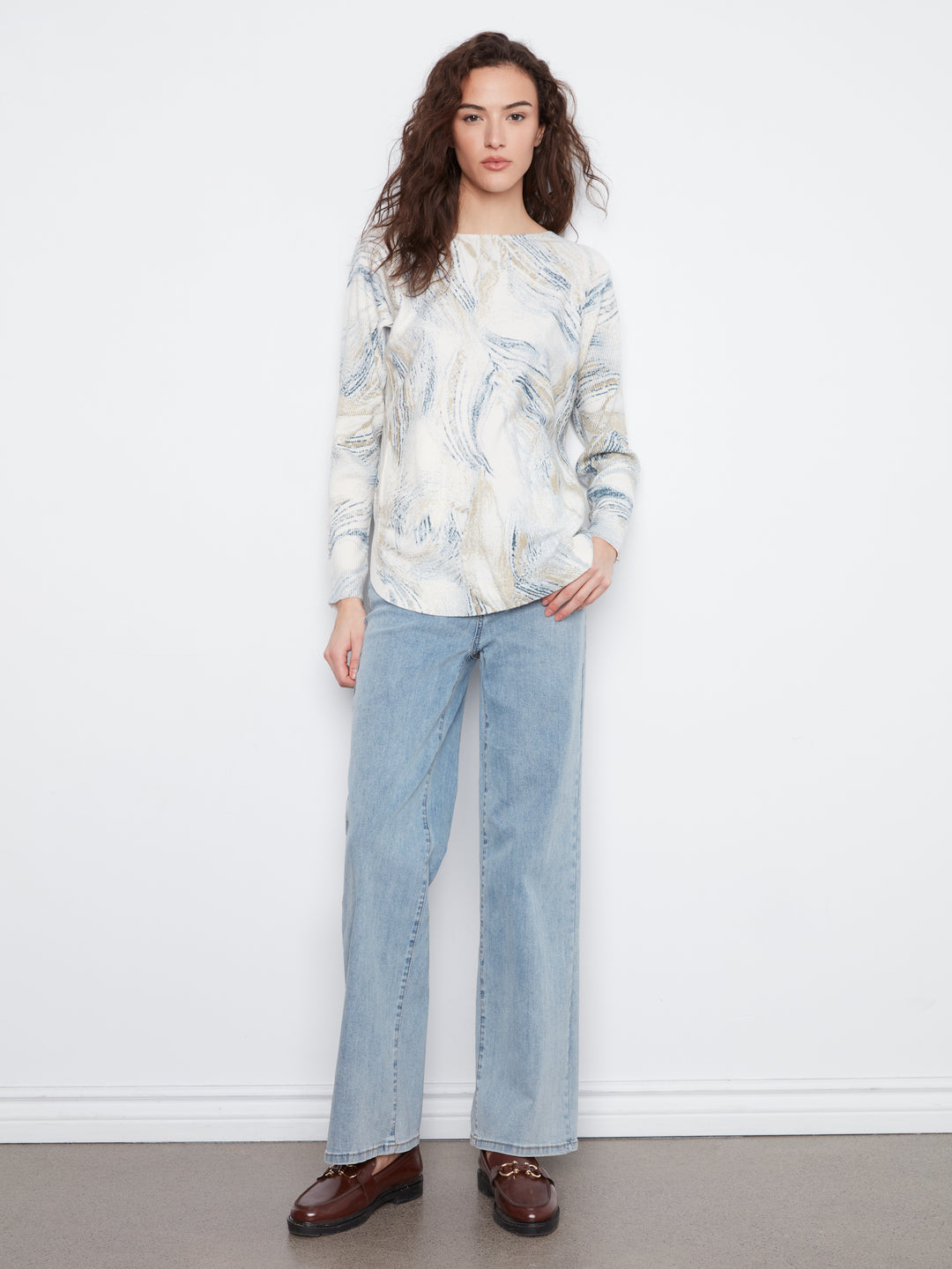 Whirl Print Round Hem Plush Sweater