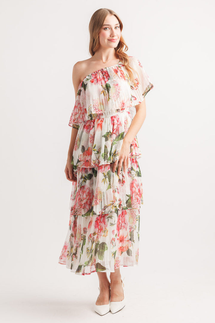 Whispy Floral Pleated Off Shoulder Layered Dress