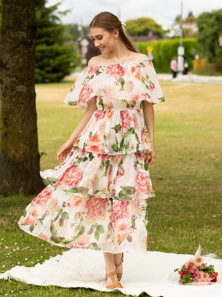 Whispy Floral Pleated Off Shoulder Layered Dress