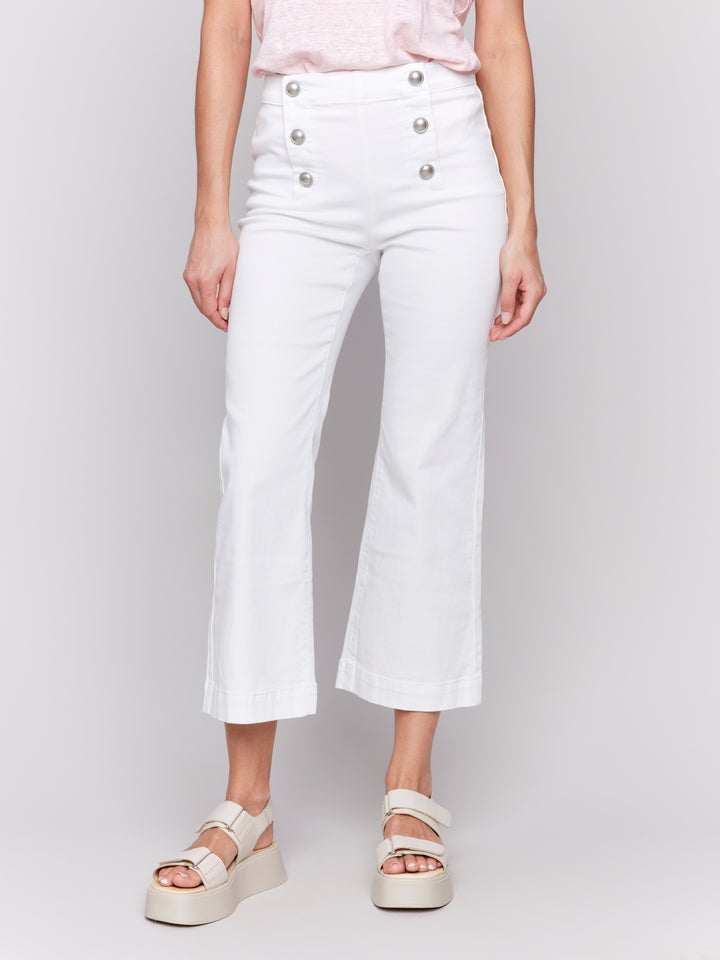 White Button Detail Flared Crop Pant