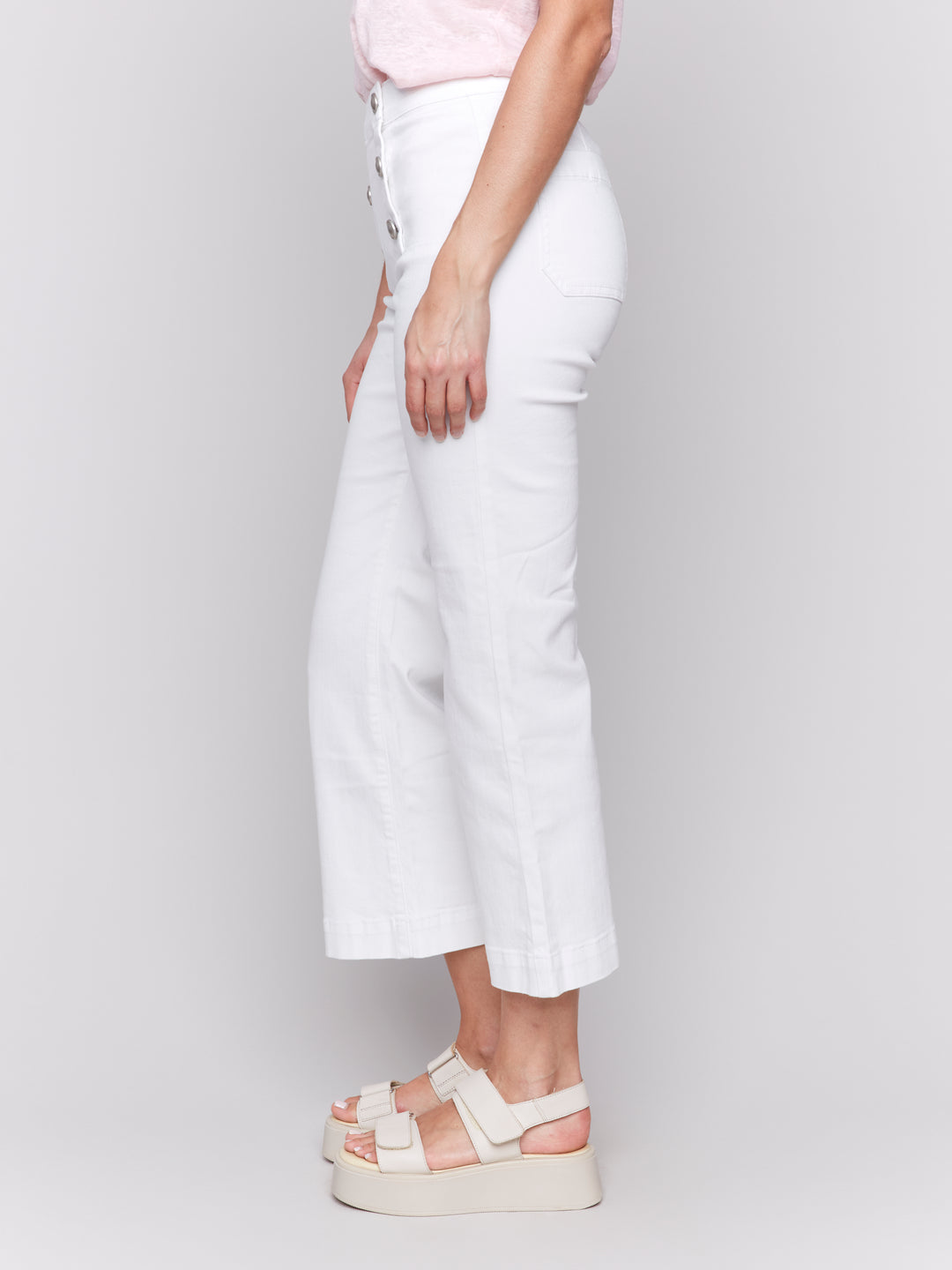 White Button Detail Flared Crop Pant