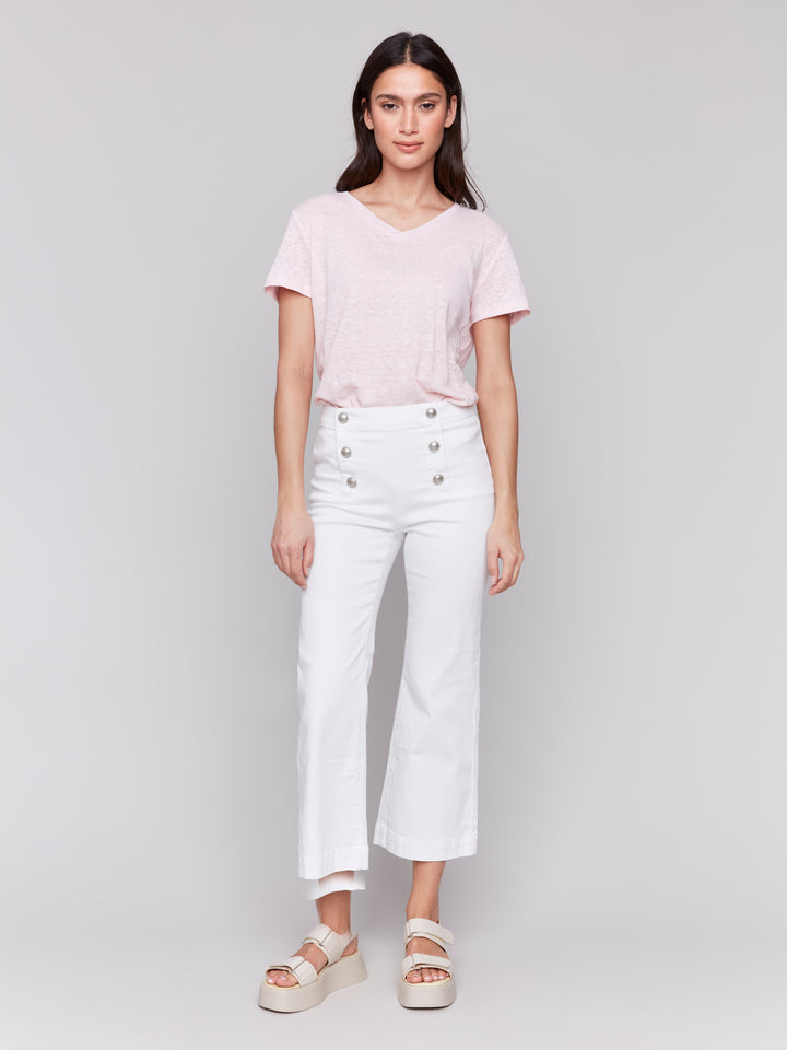 White Button Detail Flared Crop Pant