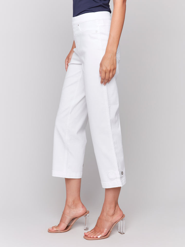 White Button Tab Pull On Crop Pant
