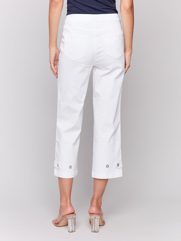 White Button Tab Pull On Crop Pant