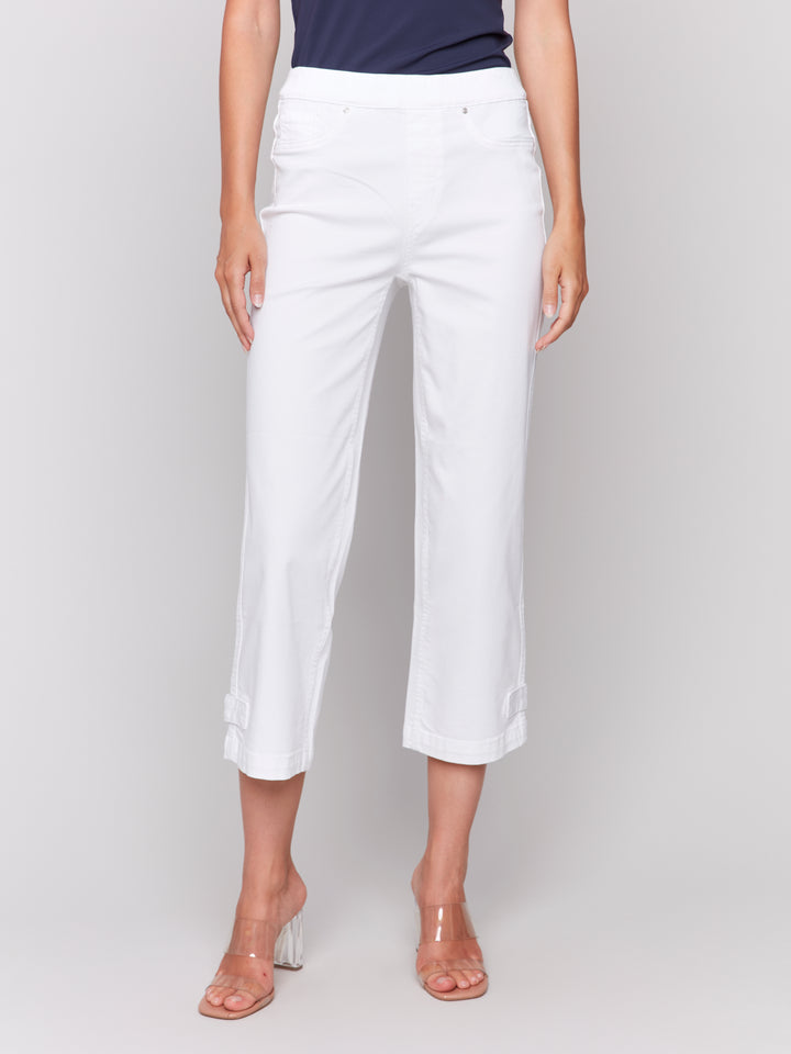 White Button Tab Pull On Crop Pant