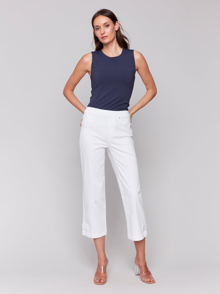 White Button Tab Pull On Crop Pant