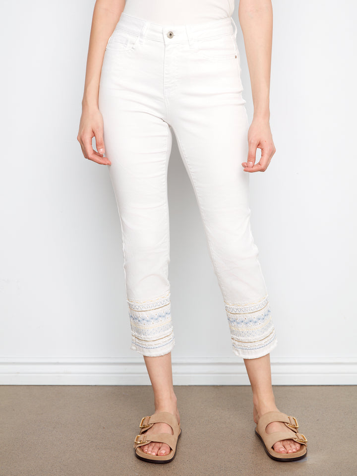 White Embroidered Cuff Slim Leg Pant
