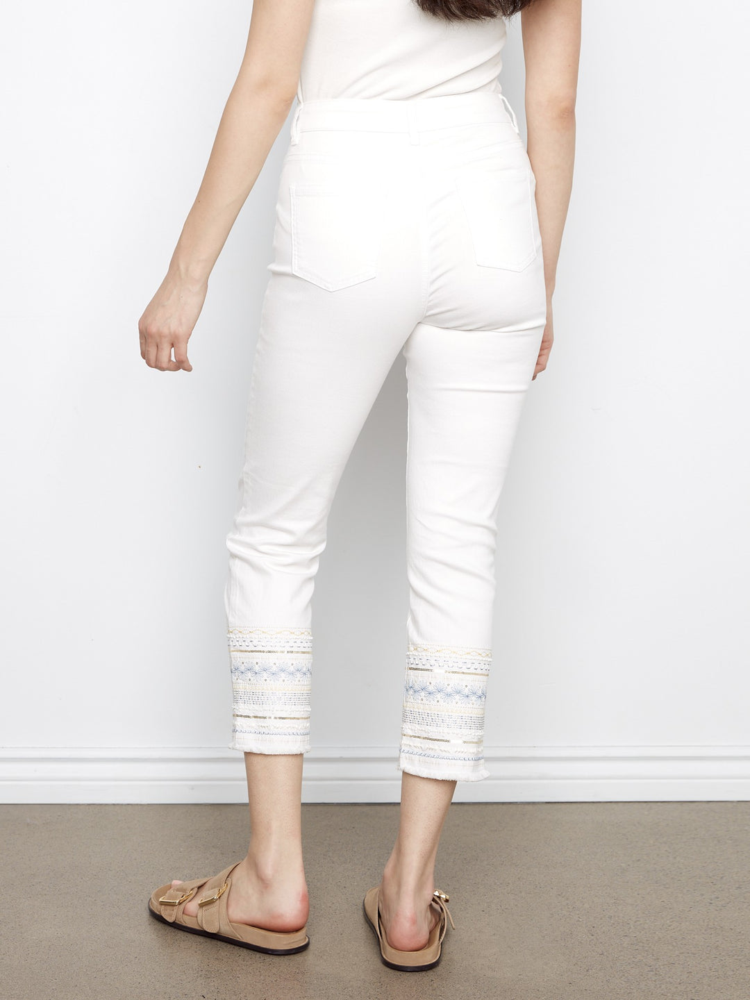 White Embroidered Cuff Slim Leg Pant
