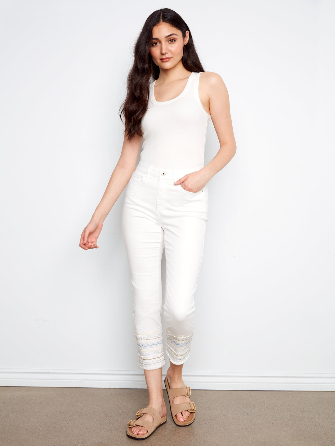 White Embroidered Cuff Slim Leg Pant