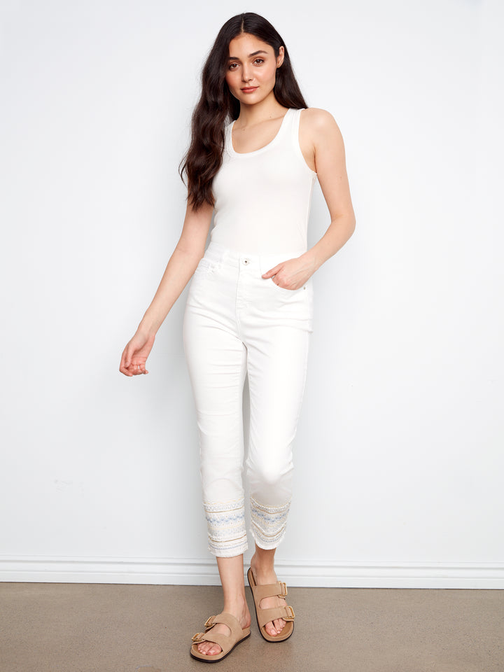 White Embroidered Cuff Slim Leg Pant