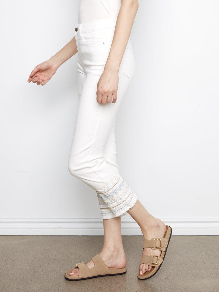 White Embroidered Cuff Slim Leg Pant