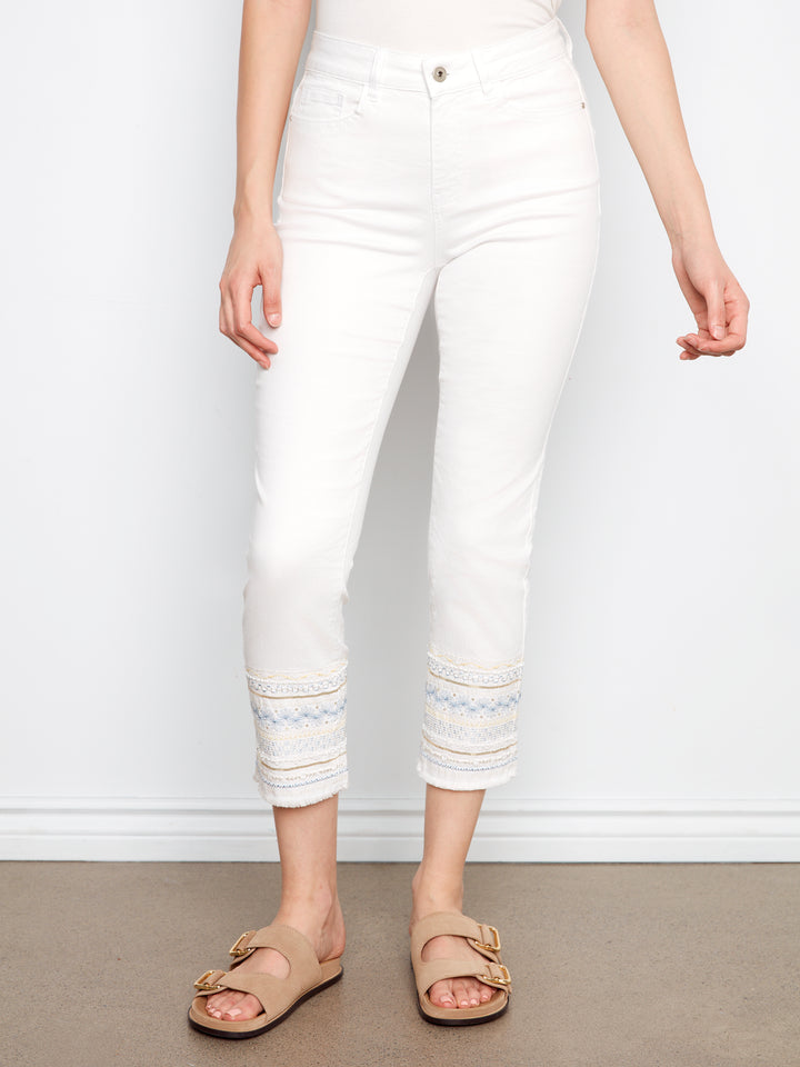 White Embroidered Cuff Slim Leg Pant