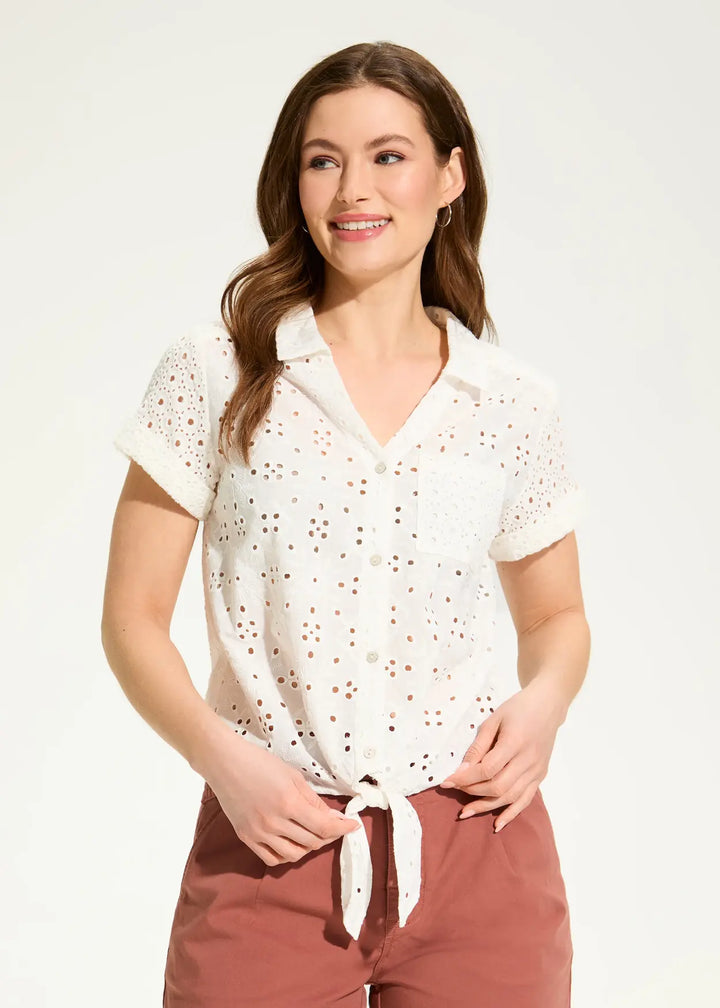 White Eyelet Tie Front Cotton Shirt