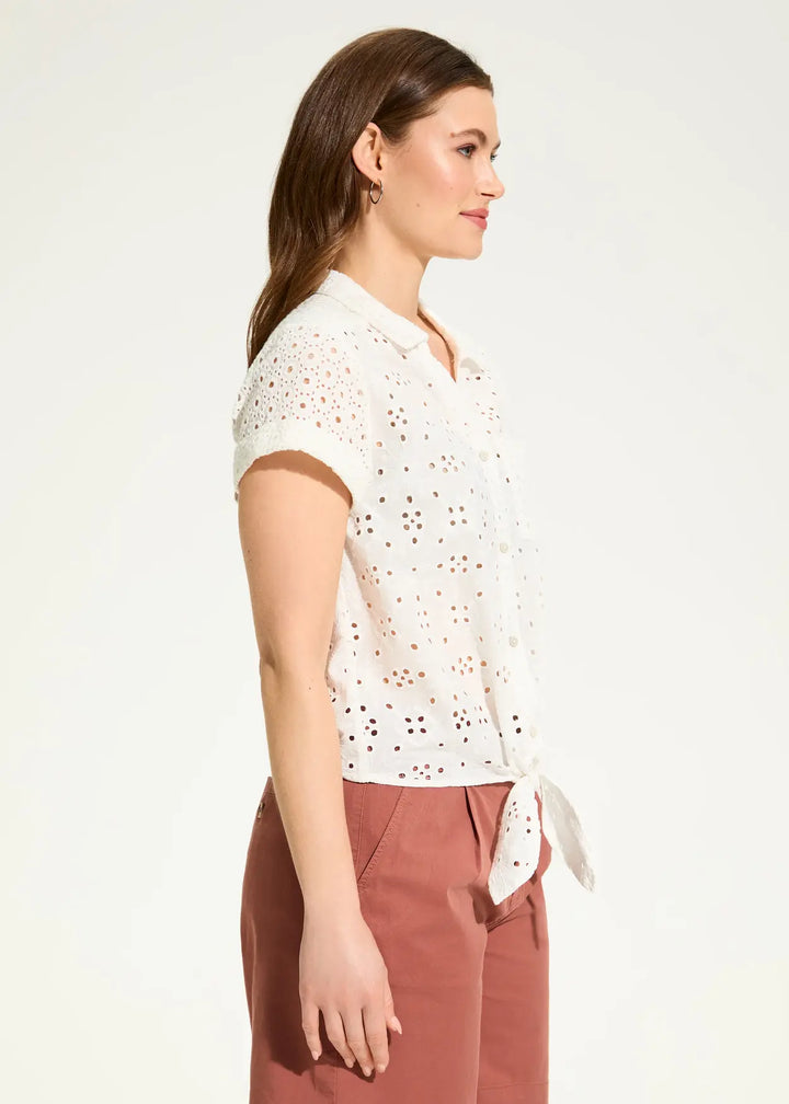 White Eyelet Tie Front Cotton Shirt