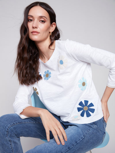 White Flower Patch Cotton Sweater