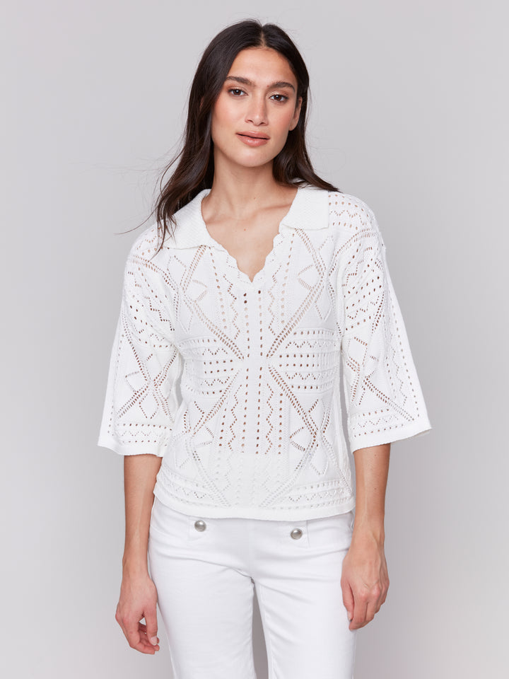 White Johnny Collar Pointelle Sweater