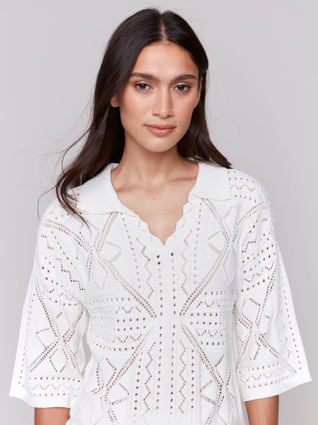 White Johnny Collar Pointelle Sweater