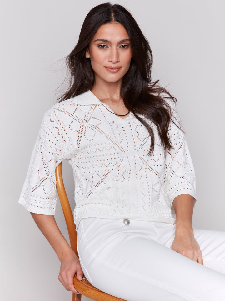 White Johnny Collar Pointelle Sweater