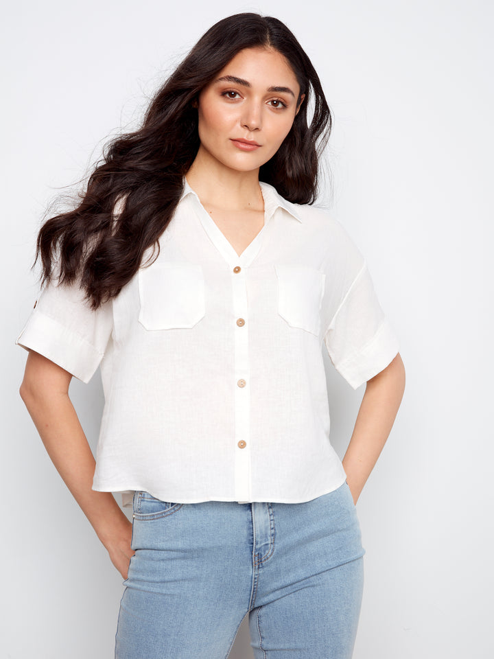 White Patch Pocket Linen Blouse