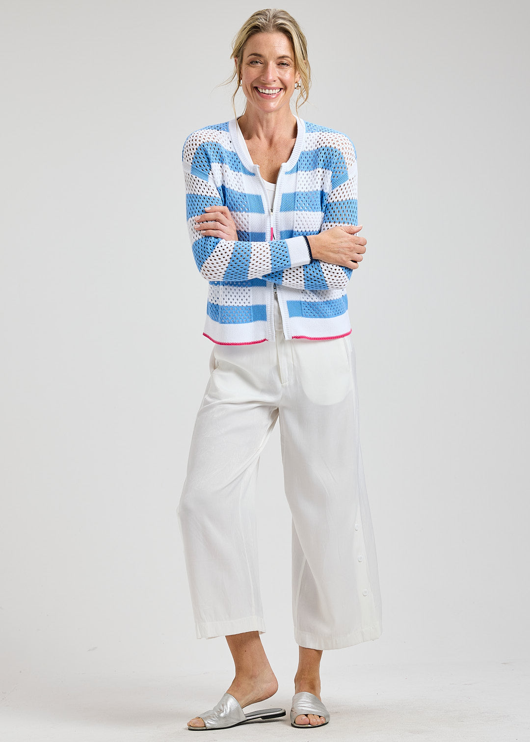 White Striped Pointelle Zip Cardigan