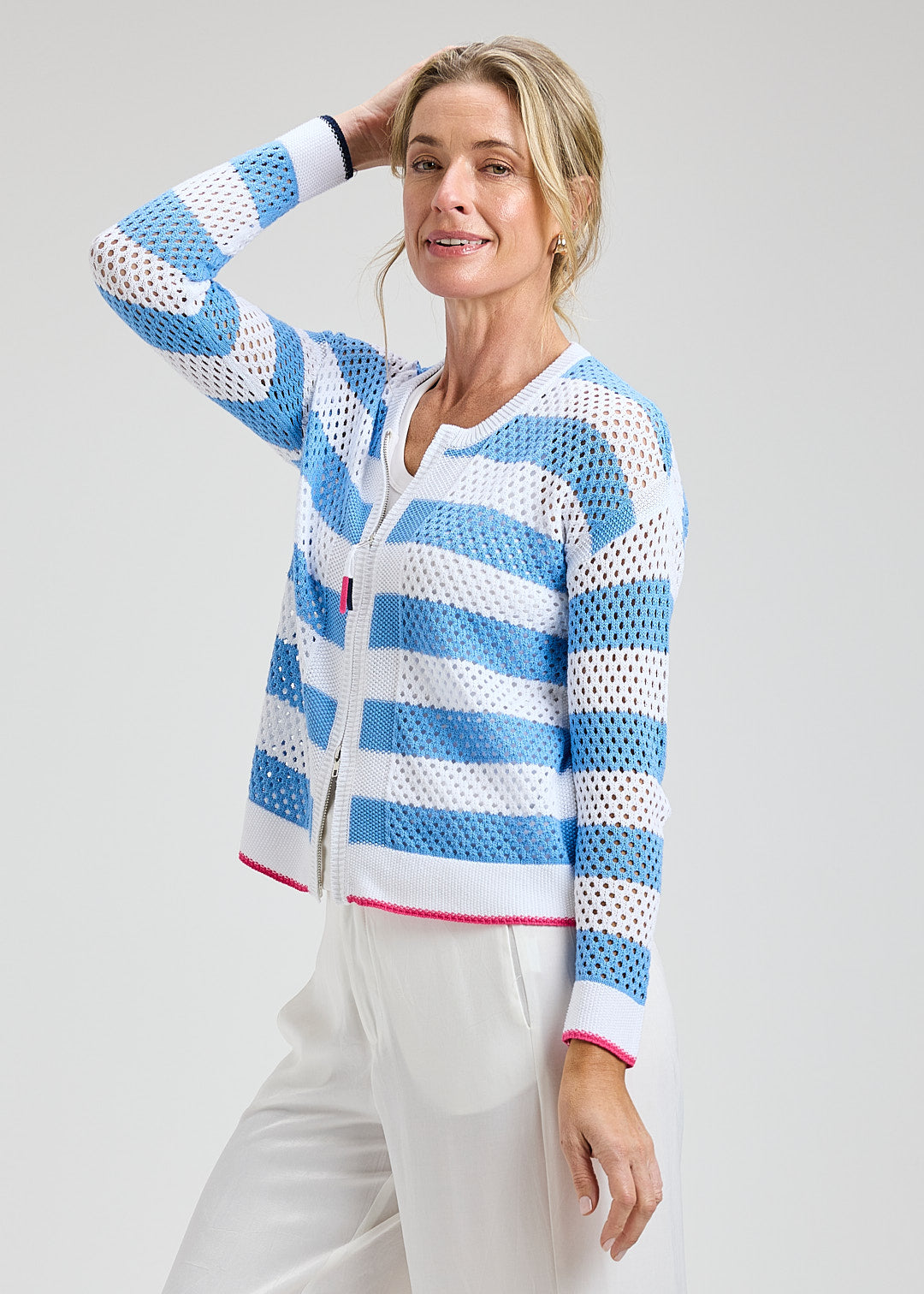 White Striped Pointelle Zip Cardigan