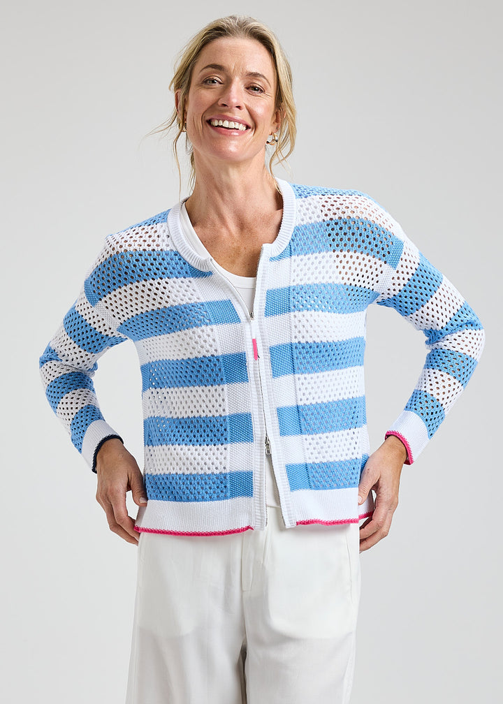 White Striped Pointelle Zip Cardigan
