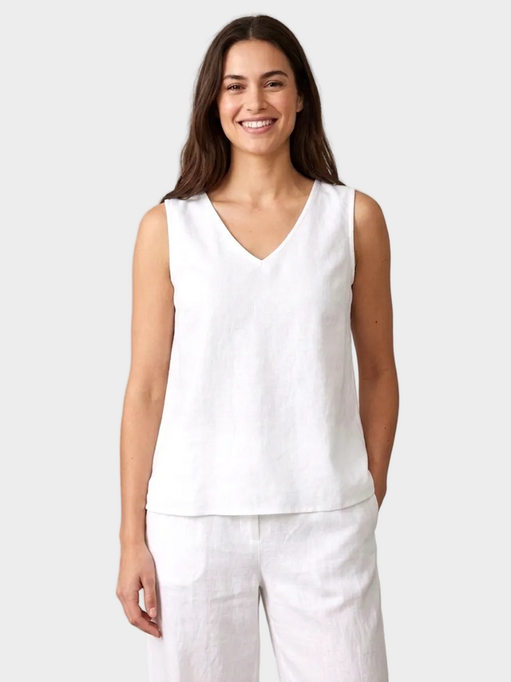 White V-Neck Sleeveless Linen Top