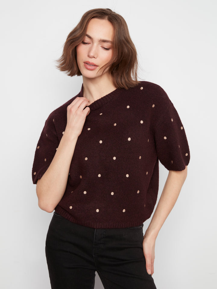 Wine All Over Dots Elbow Sleeve Sweater