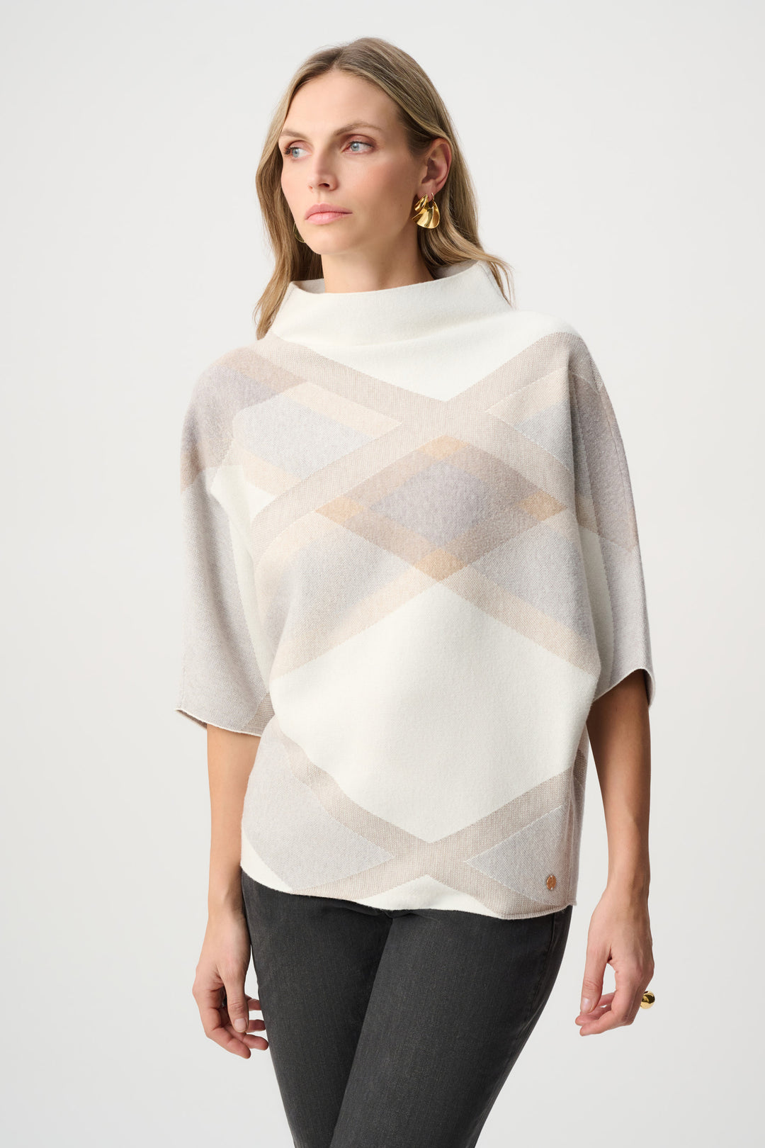 Winter White Multi Plaid Funnel Neck Sweater