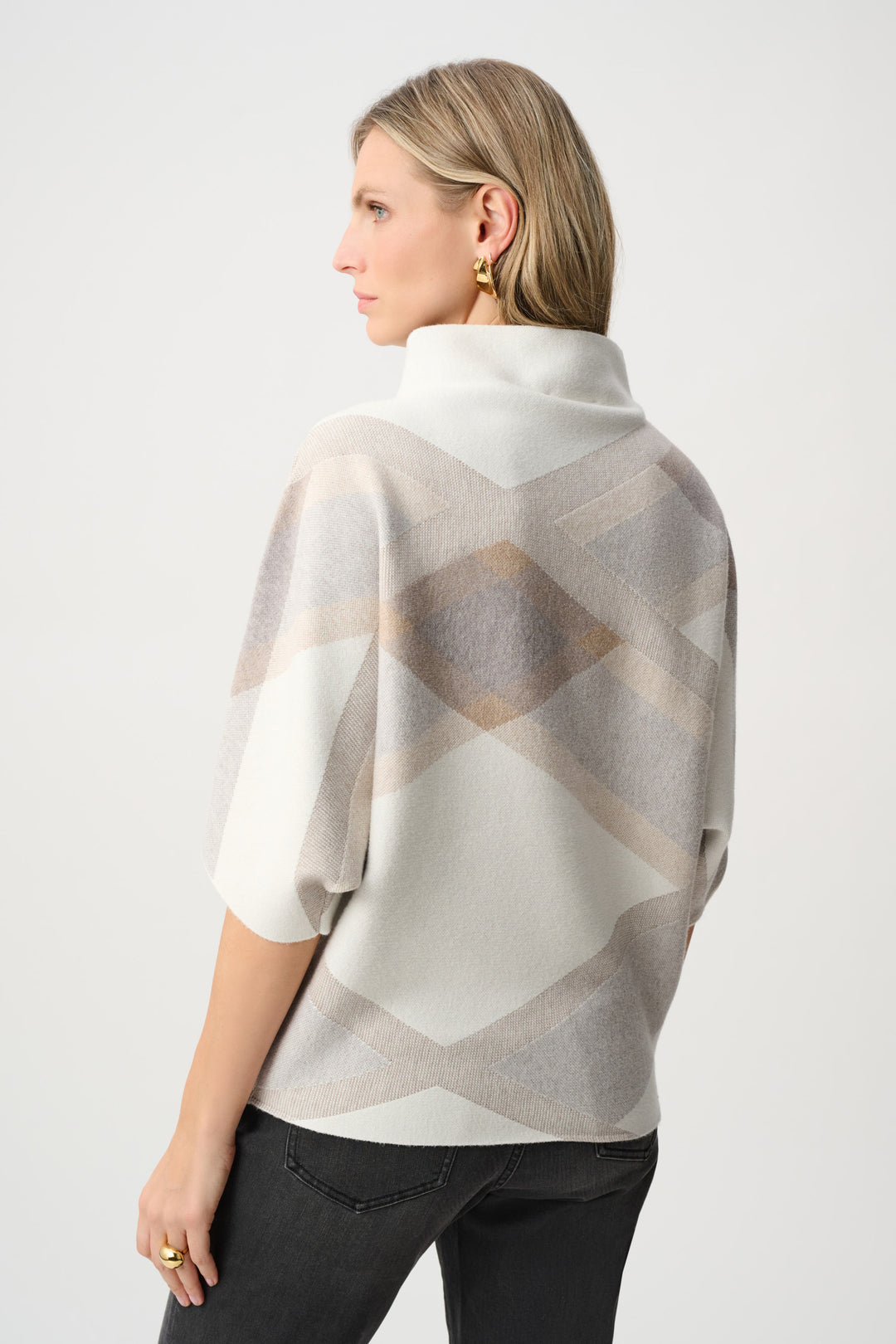 Winter White Multi Plaid Funnel Neck Sweater