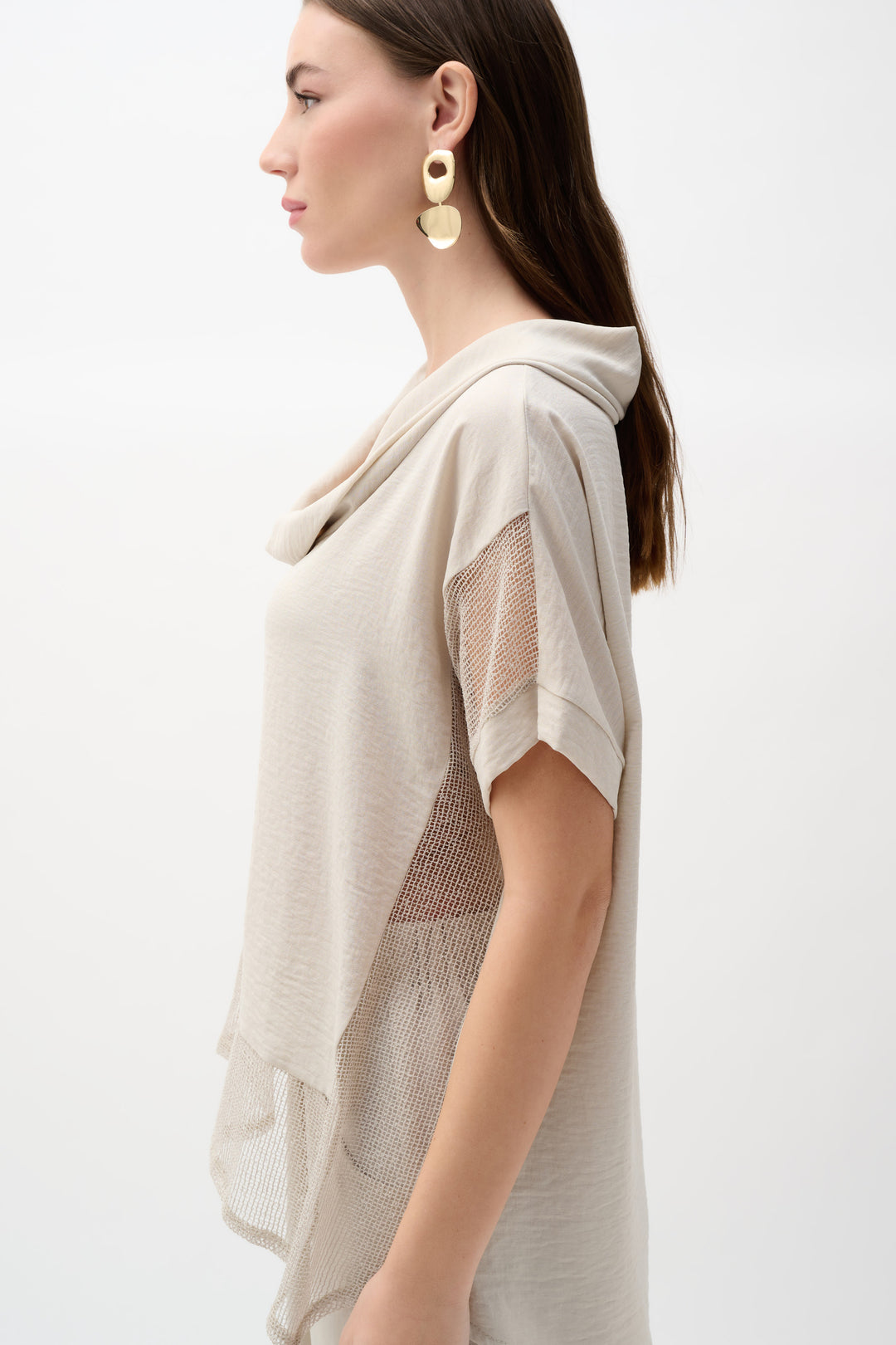 Woven Gauze & Mesh Boxy Top with Cowl Collar