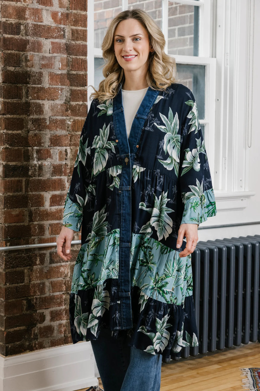 Ying Coastal Print Mix Denim Detail Kimono Cardigan