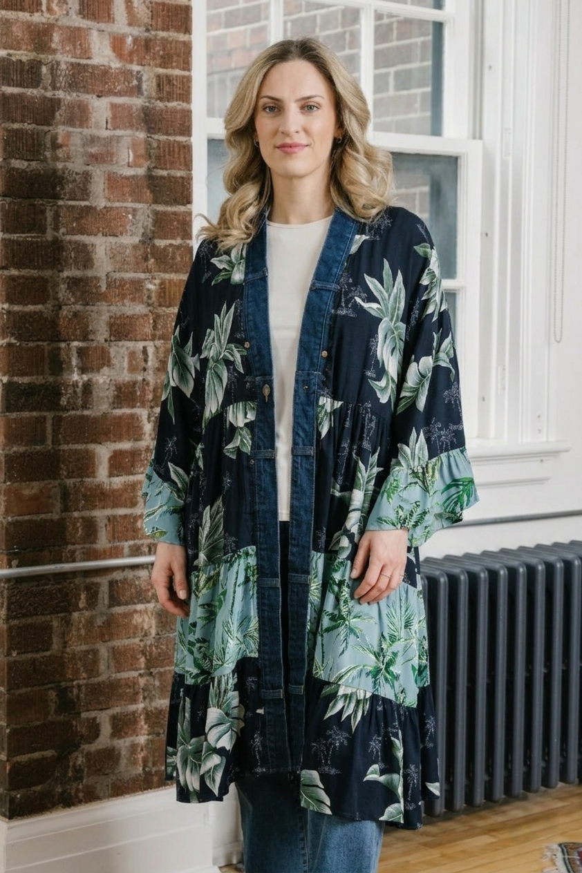 Ying Coastal Print Mix Denim Detail Kimono Cardigan