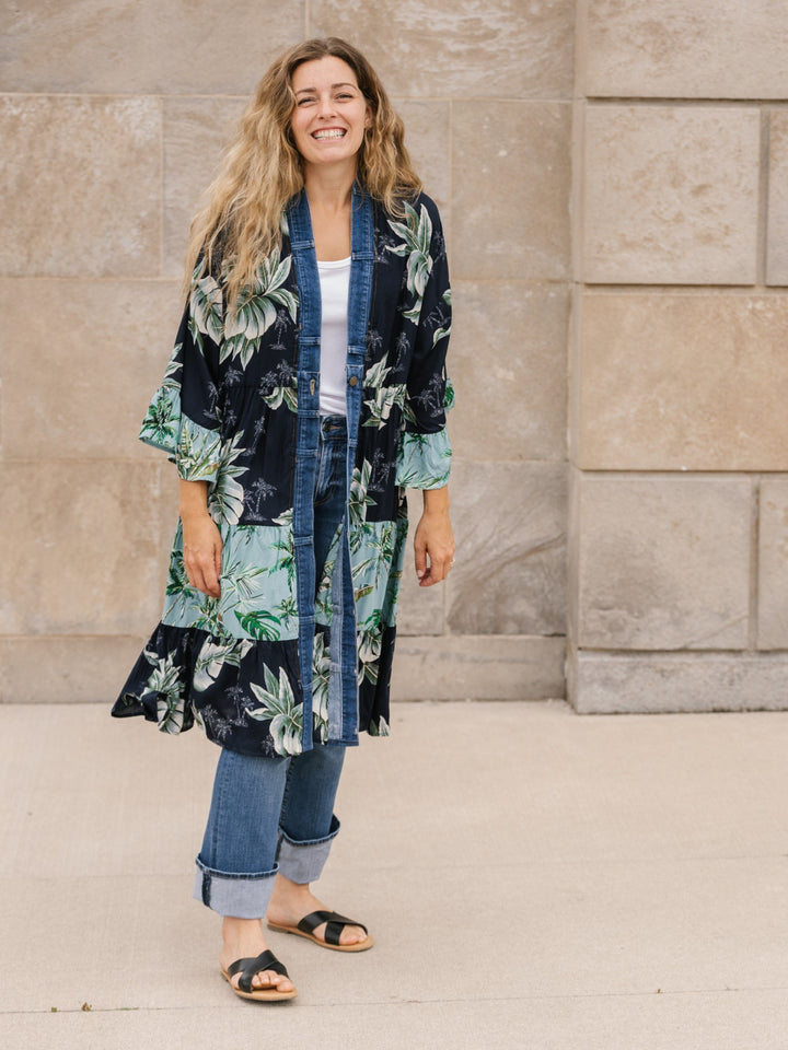 Ying Coastal Print Mix Denim Detail Kimono Cardigan